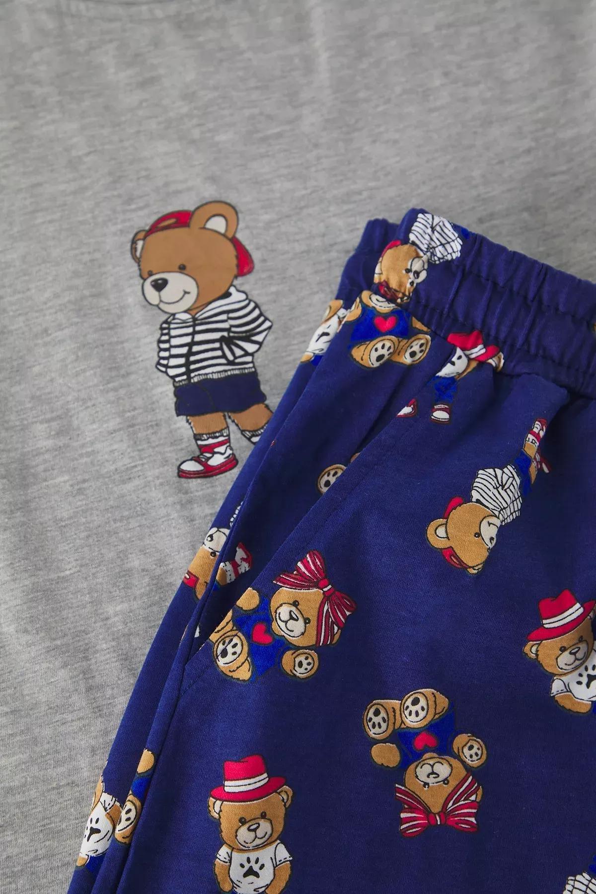Grey-Navy Teddy Bear Pajama Shorts Set, GRAY MELANGE, large image number 2