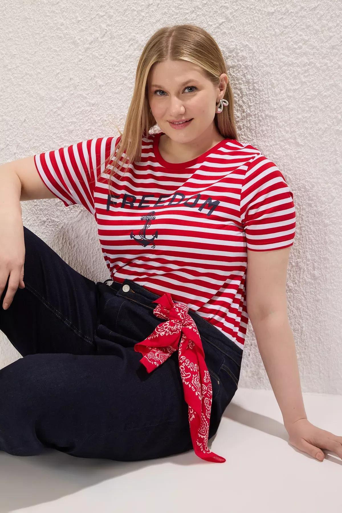 Red Striped Printed Plus-Size T-Shirt, , large image number 0