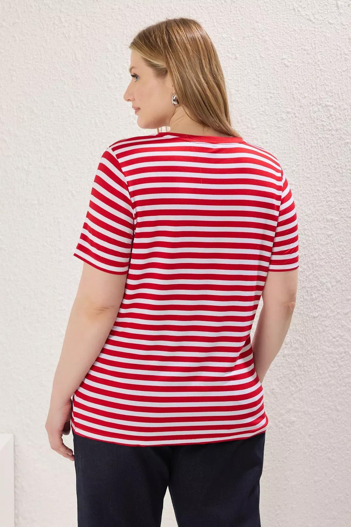 Red Striped Printed Plus-Size T-Shirt, , large image number 3