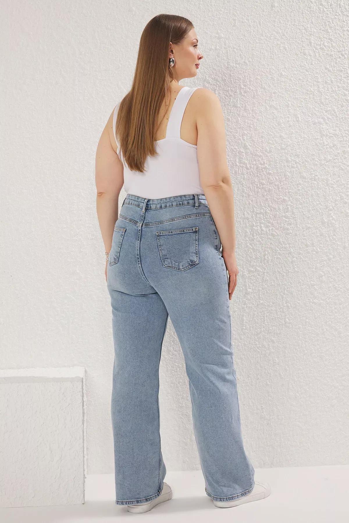 Blue High Waist Plus-Size Wide Leg Jeans, , large image number 3
