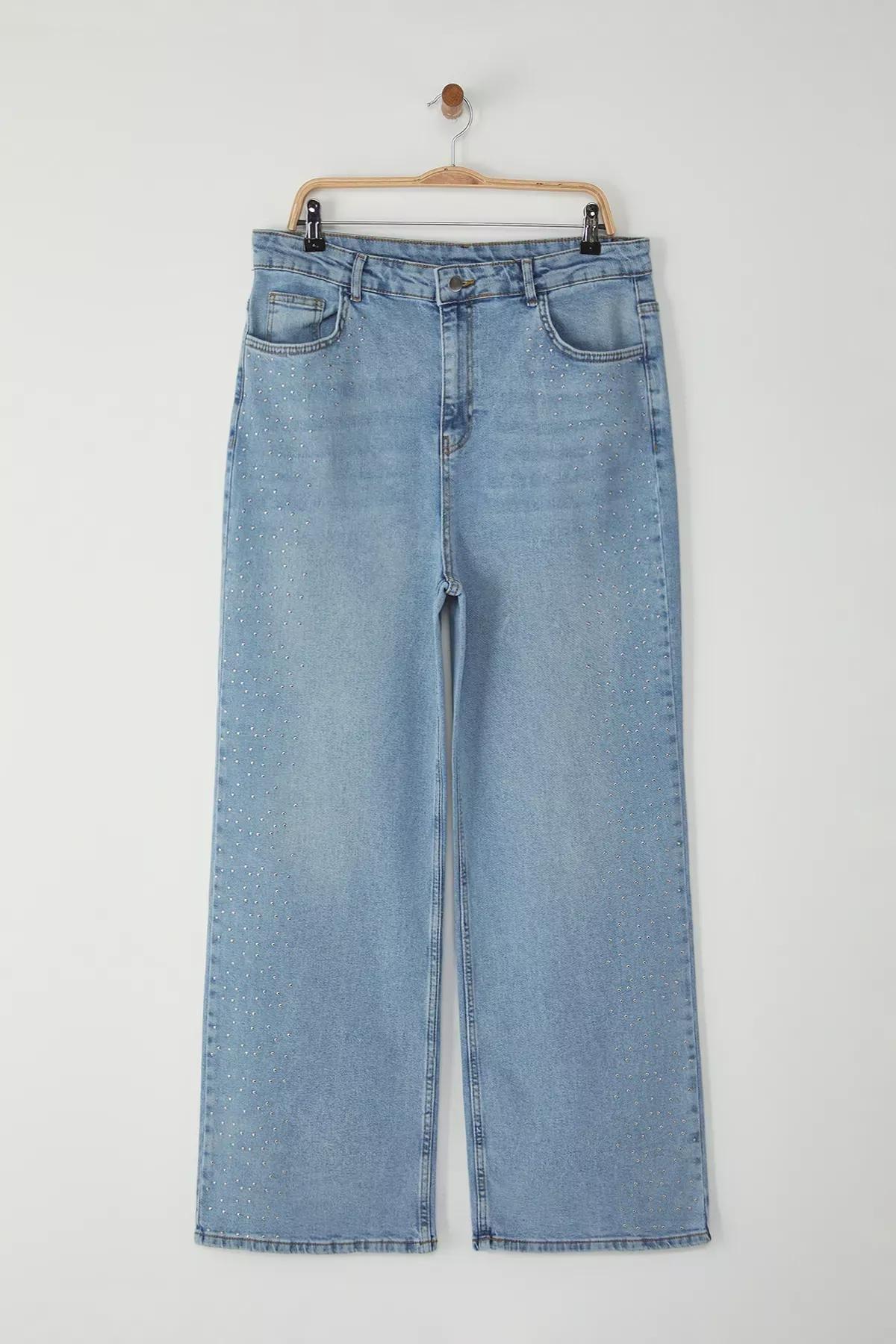 Blue High Waist Plus-Size Wide Leg Jeans, , large image number 4