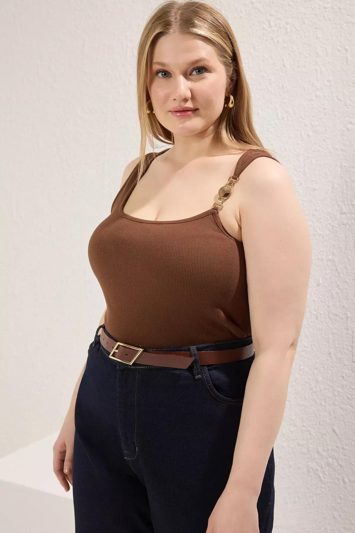 Brown Knitted Plus-Size Blouse, Brown, large image number 0