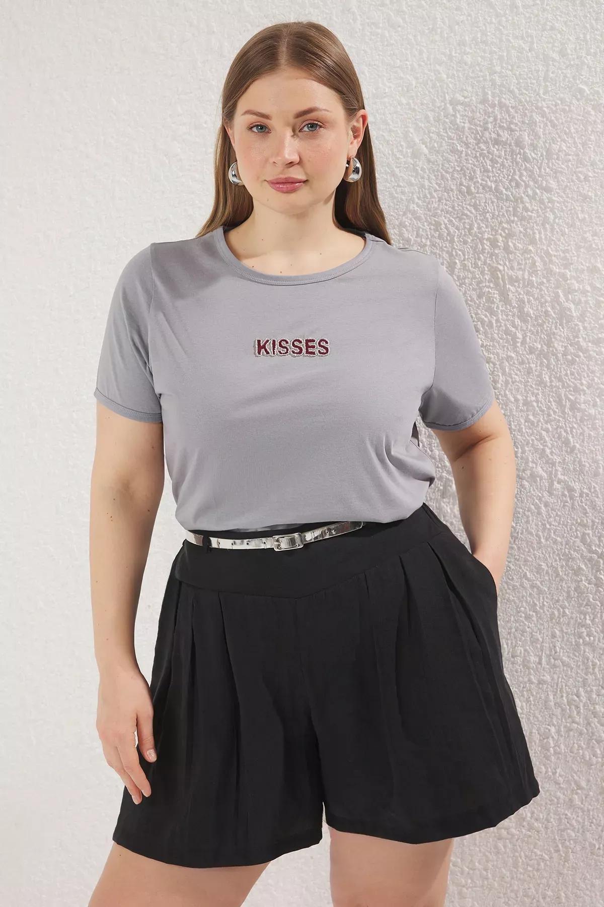 Grey Crew Neck Beaded Embroidered Plus-Size T-Shirt, Anthracite, medium