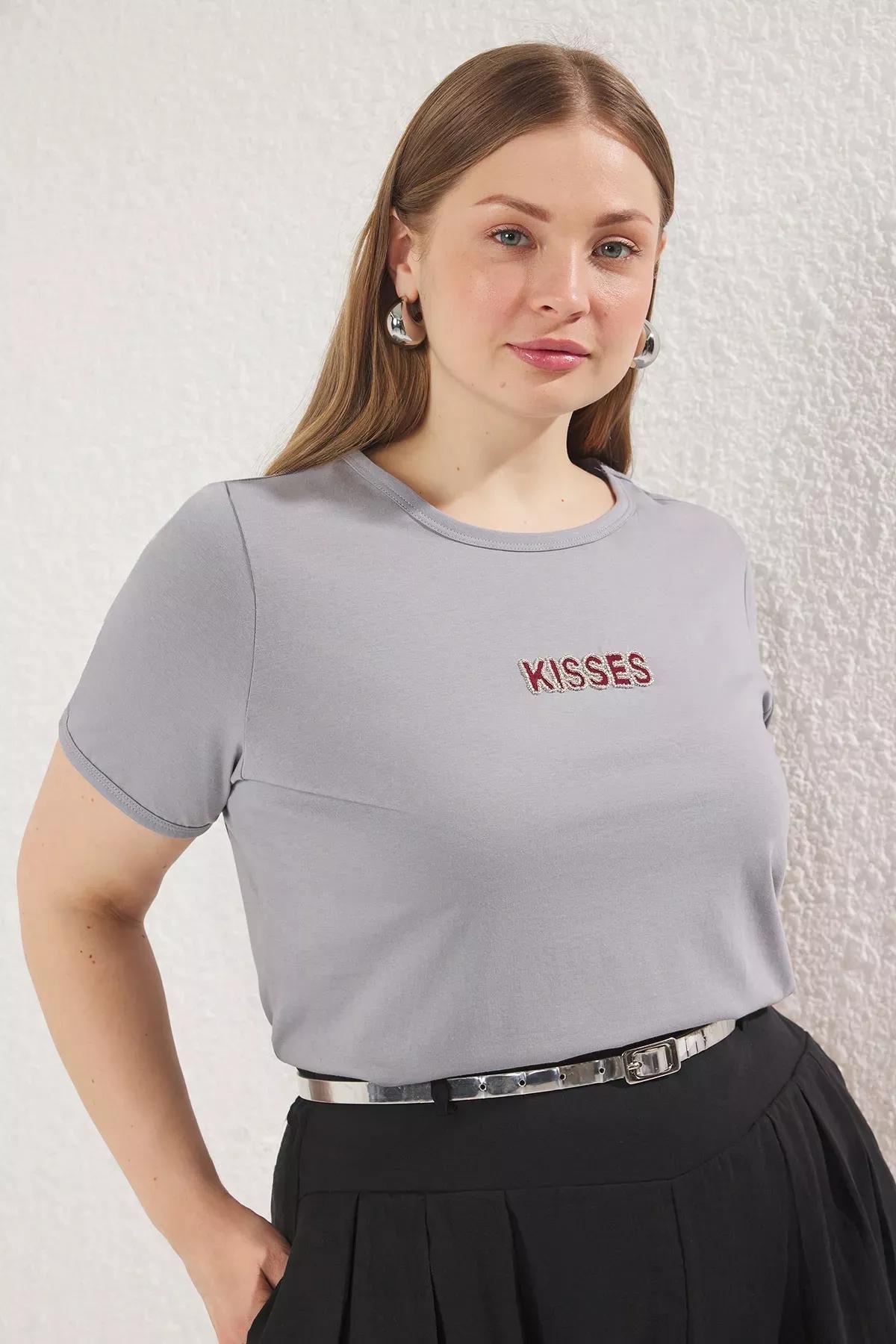 Grey Crew Neck Beaded Embroidered Plus-Size T-Shirt, Anthracite, large image number 1