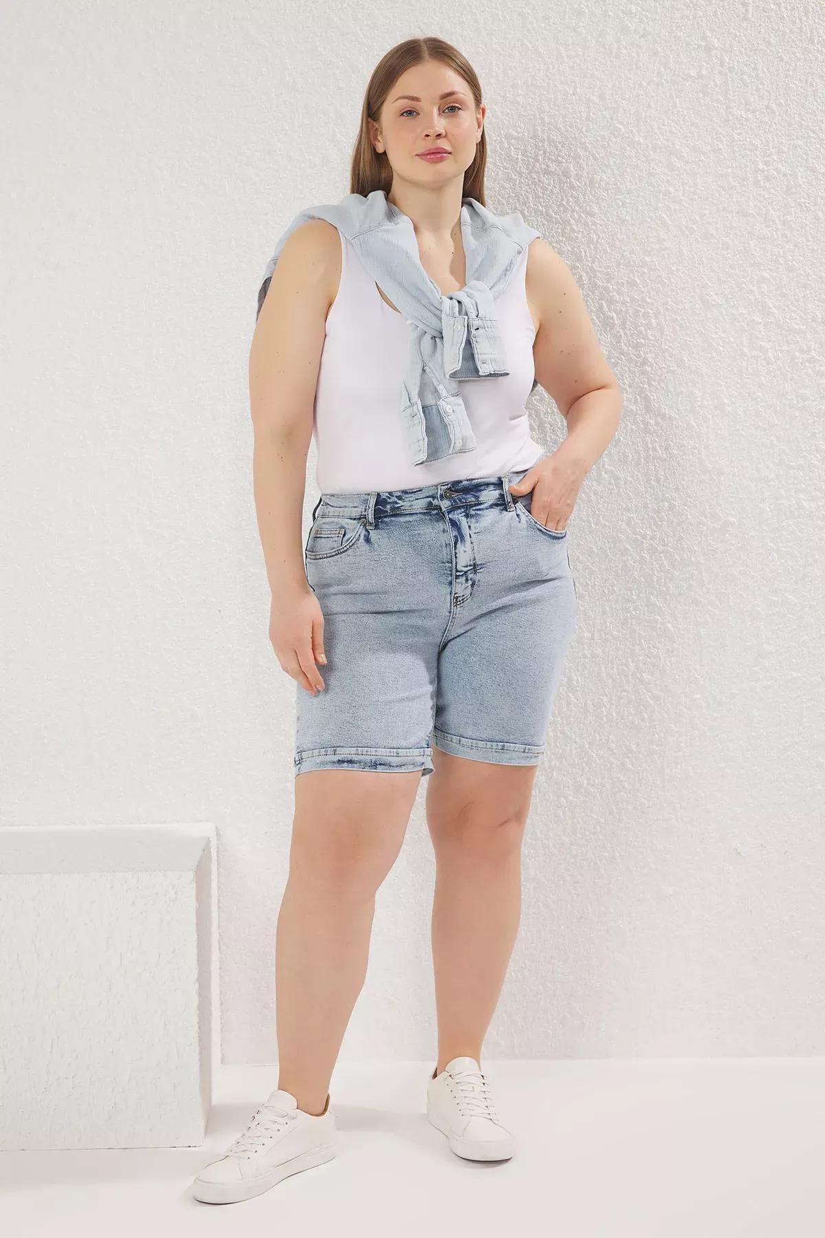 Blue High Waist Elastic Denim Plus-Size Shorts, , large image number 0