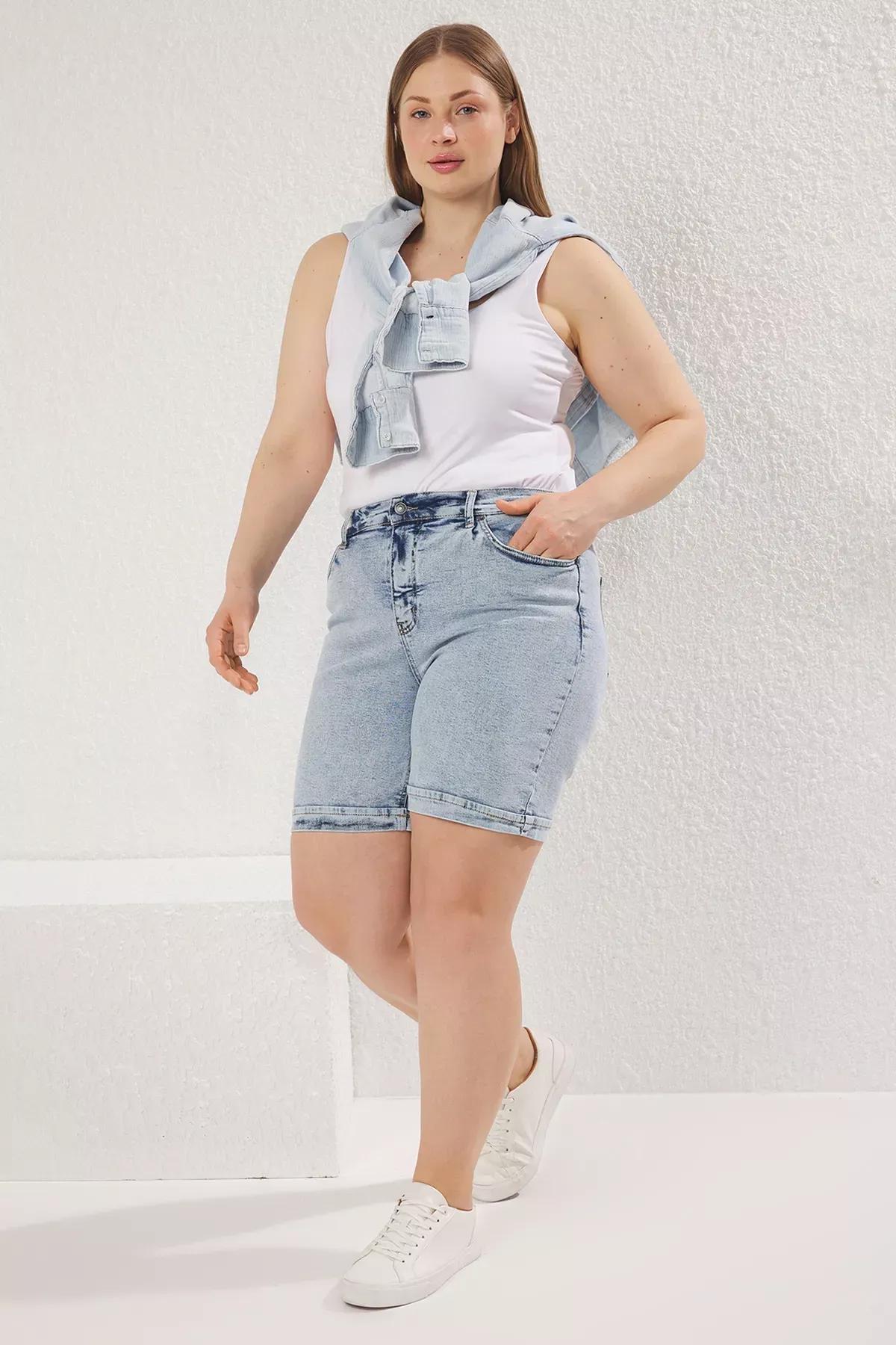 Blue High Waist Elastic Denim Plus-Size Shorts, , large image number 1