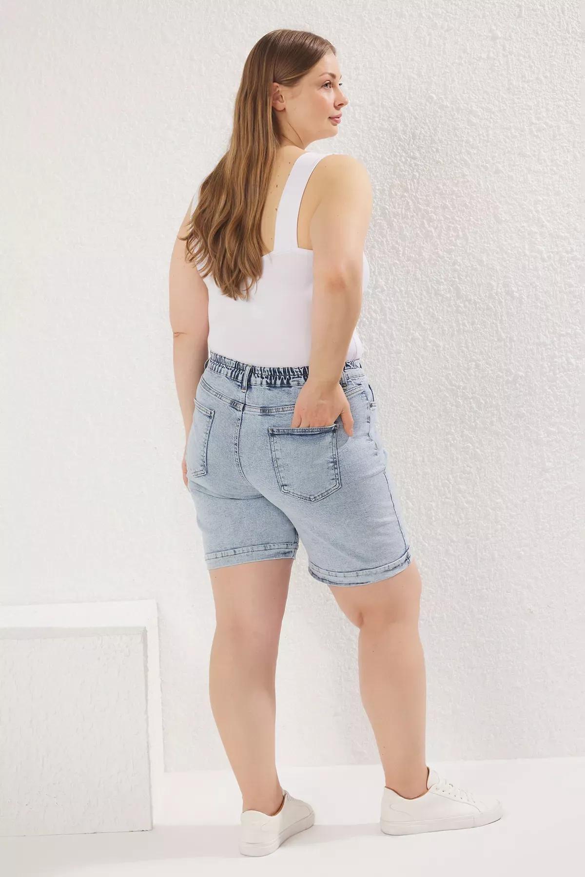 Blue High Waist Elastic Denim Plus-Size Shorts, , large image number 3