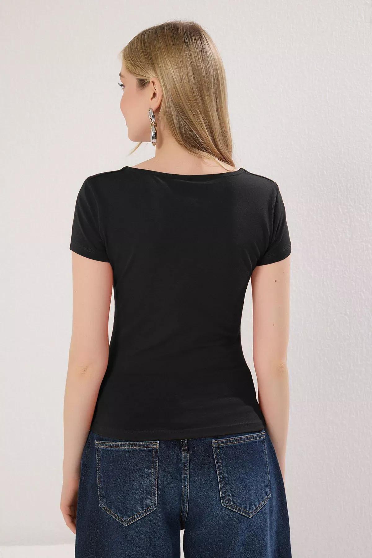 Black Square Neck Smoothing Knit Blouse, , large image number 3