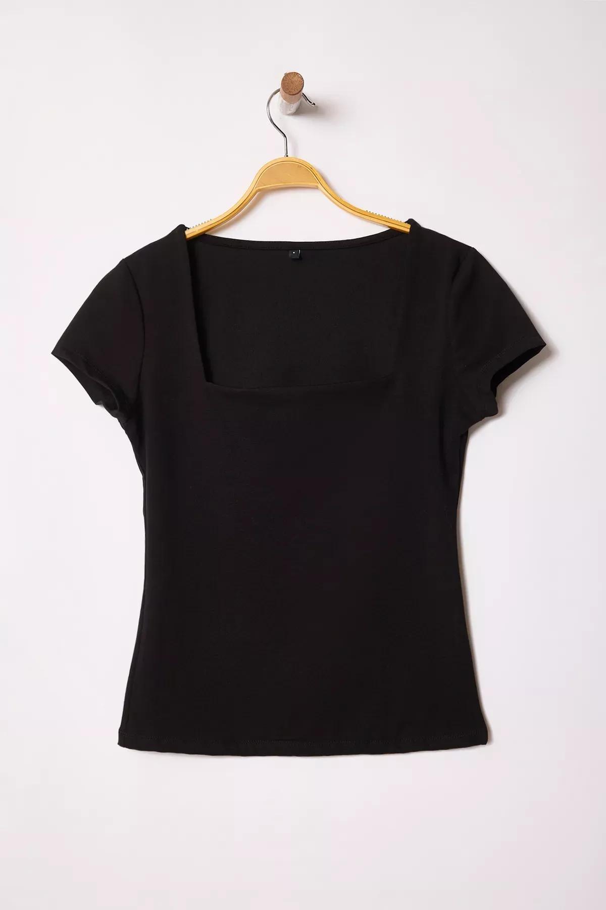 Black Square Neck Smoothing Knit Blouse, , large image number 4