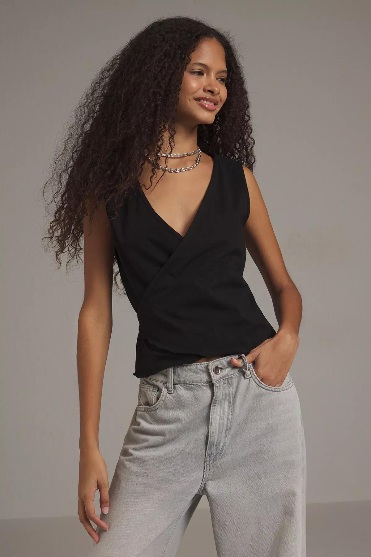 Black Tie Detail Wrap-around Knit Blouse, , large image number 0