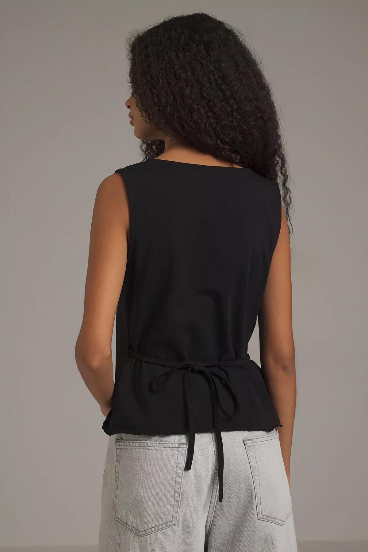 Black Tie Detail Wrap-around Knit Blouse, , large image number 3