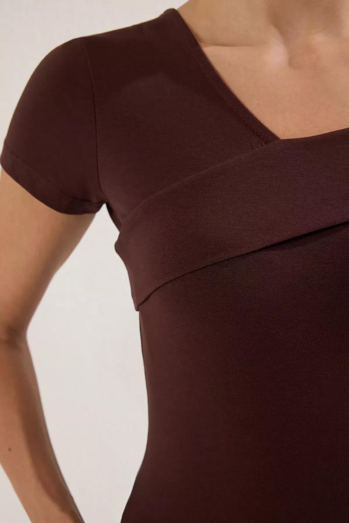 Brown Asymmetric Collar Fitted Blouse, , large image number 2