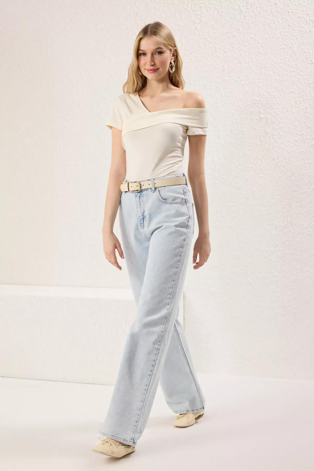 Beige Asymmetric Collar Fitted Blouse, STONE, large image number 1