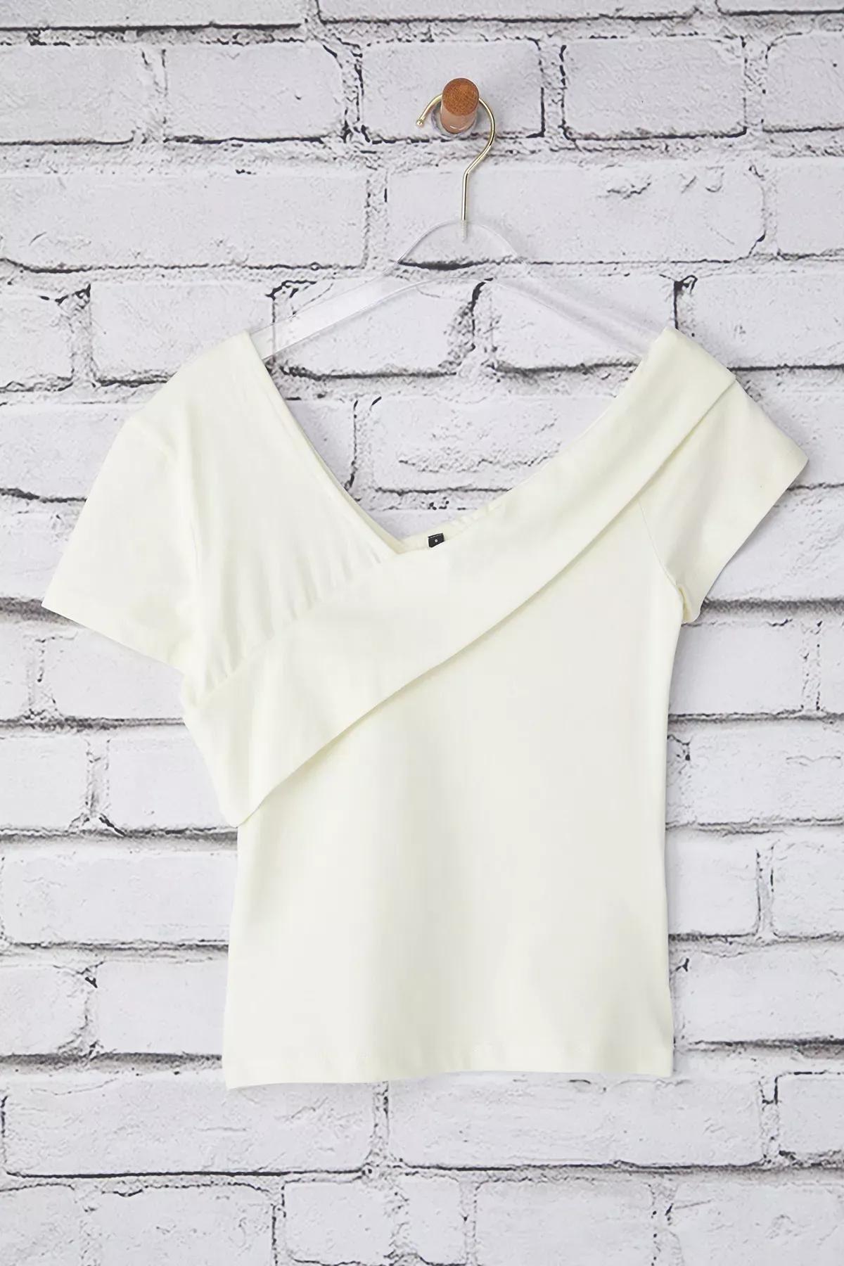 Beige Asymmetric Collar Fitted Blouse, STONE, large image number 4