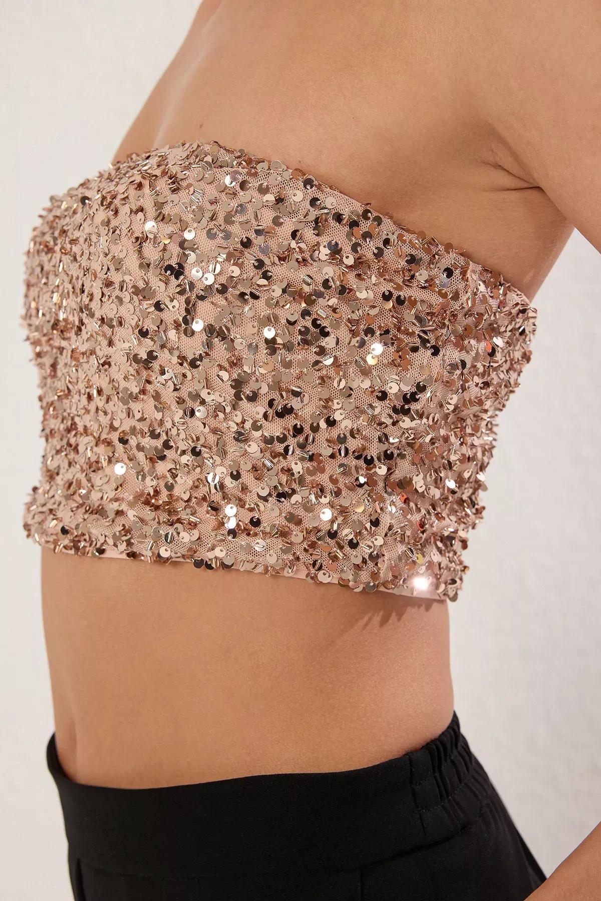 Gold Strapless Sequin Knit Bustier, , large image number 2