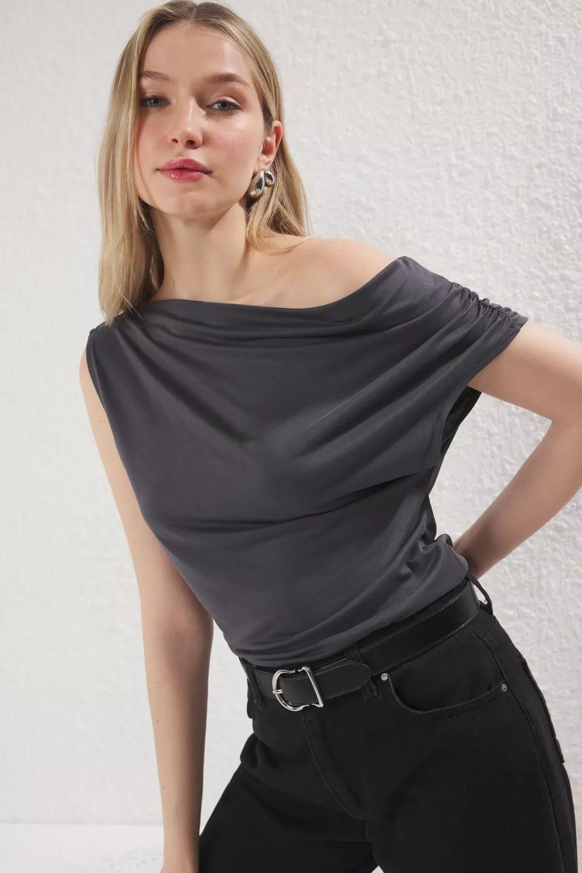 Grey Modal Cowl Neck Blouse, , large image number 1