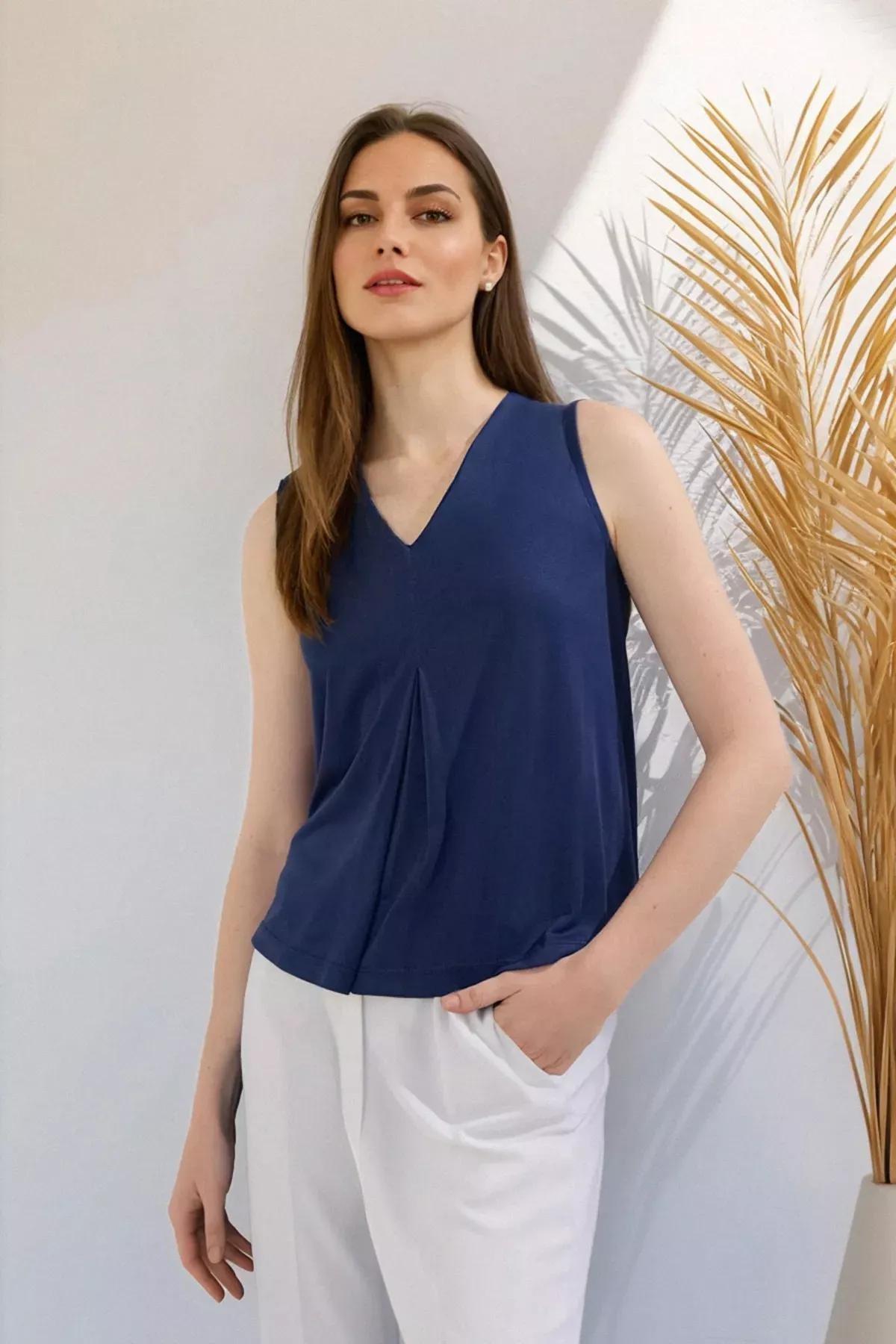 Navy Modal Pleated Knit Blouse, Navy blue, large image number 0