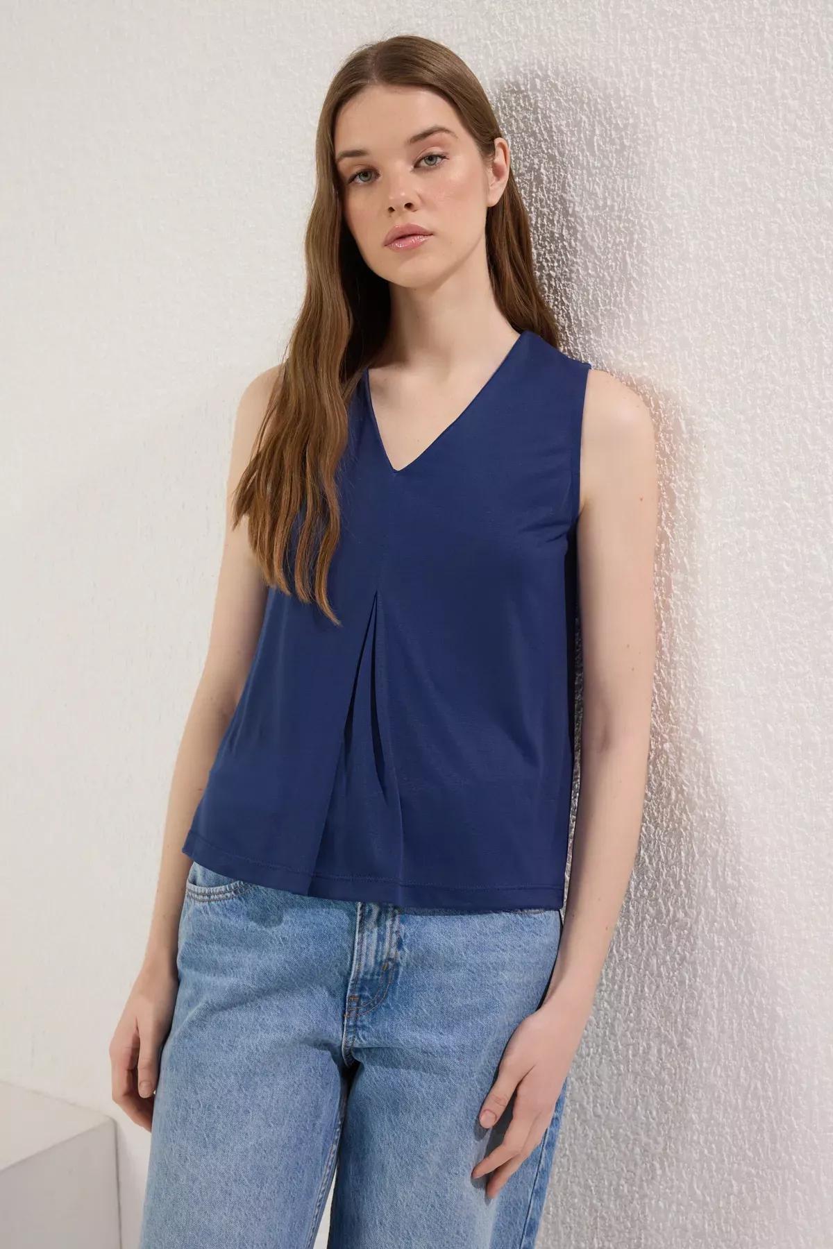 Navy Modal Pleated Knit Blouse, Navy blue, large image number 2