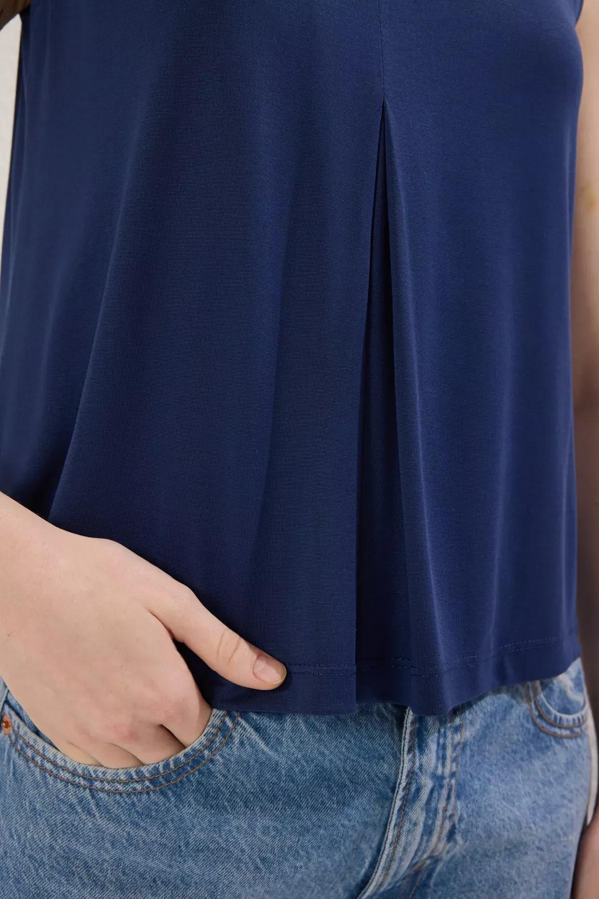 Navy Modal Pleated Knit Blouse, Navy blue, large image number 3