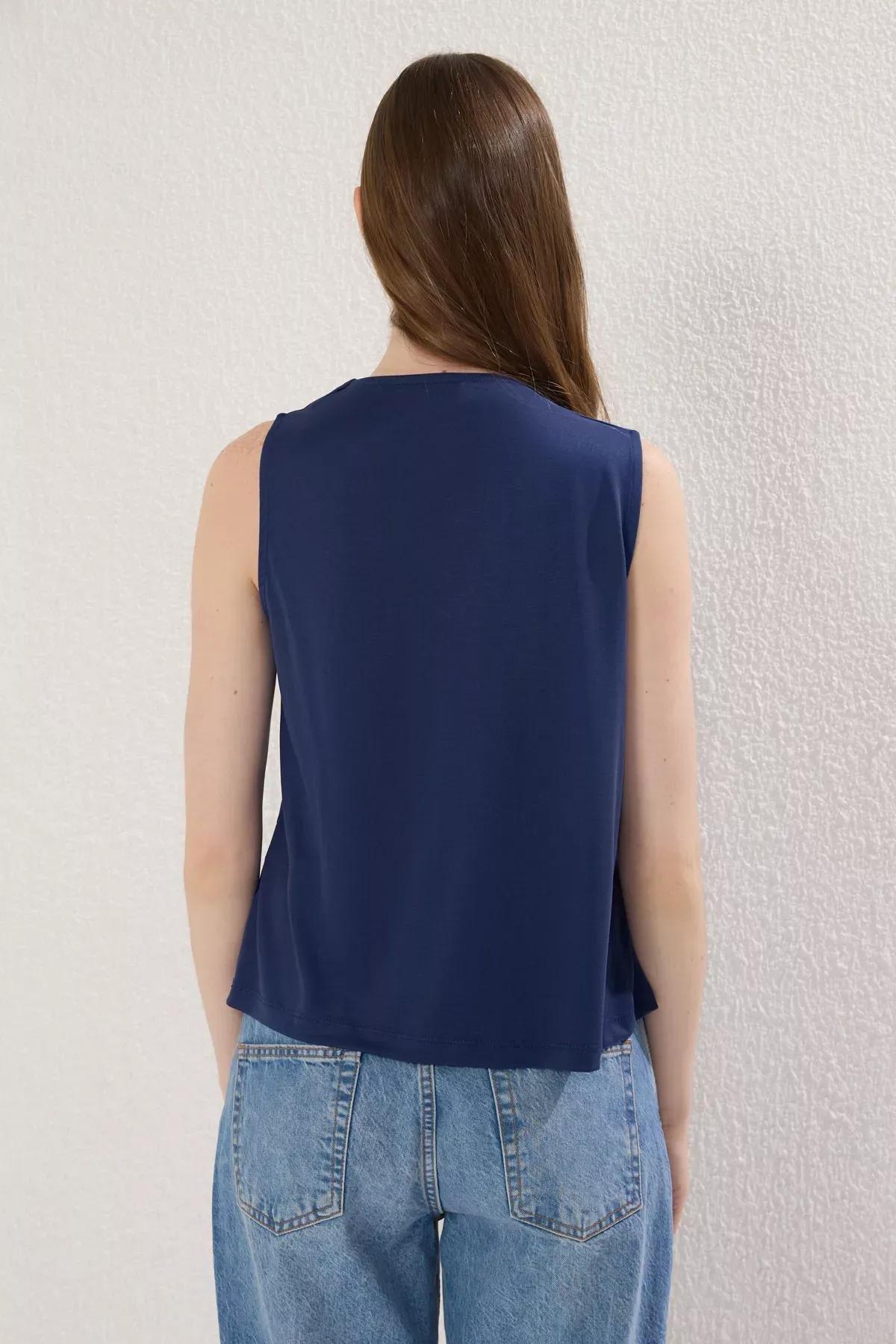 Navy Modal Pleated Knit Blouse, Navy blue, large image number 4