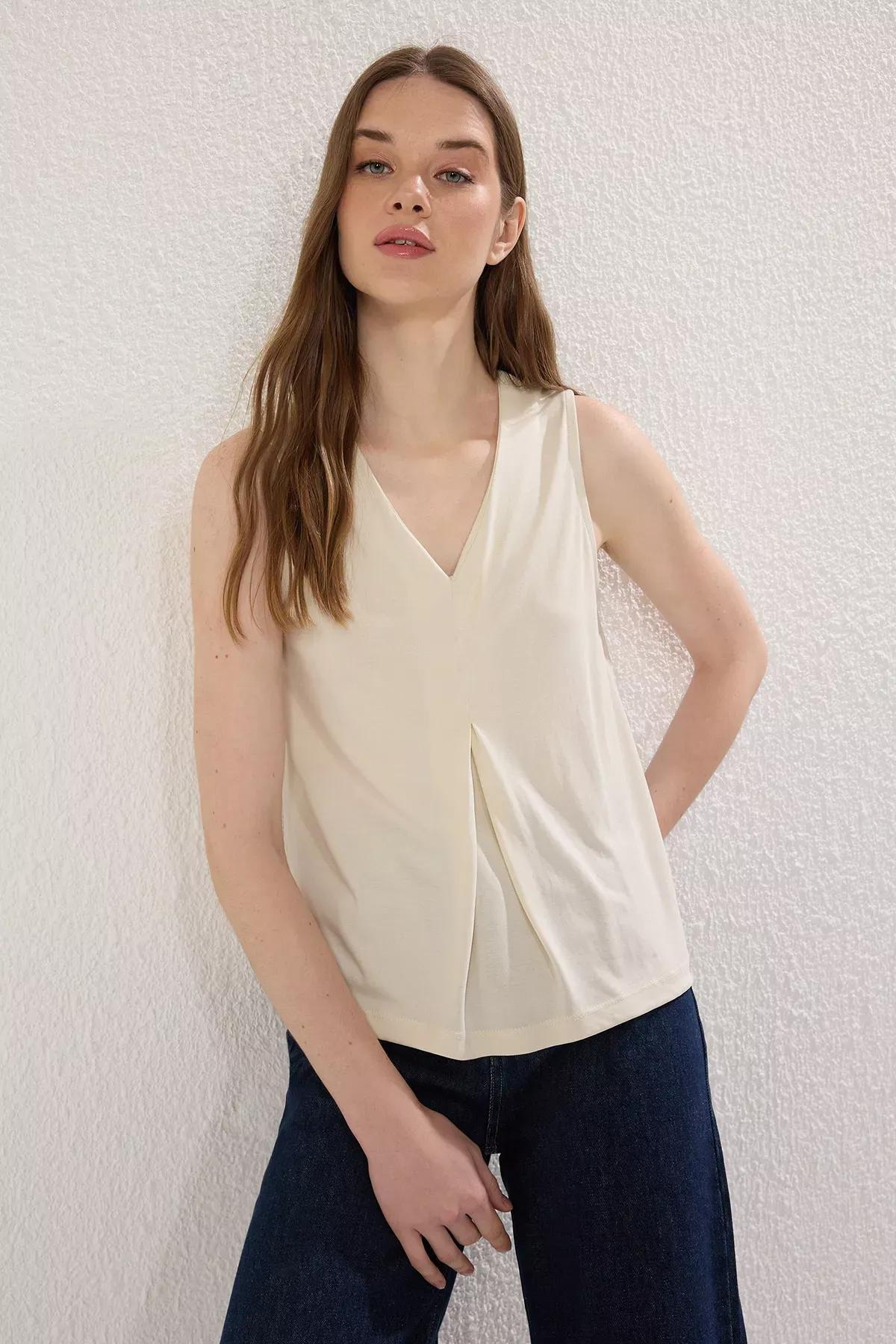 Beige Pleated Modal Knit Blouse, STONE, large image number 1