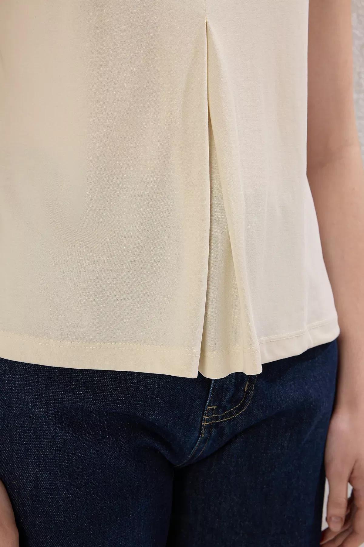 Beige Pleated Modal Knit Blouse, STONE, large image number 2