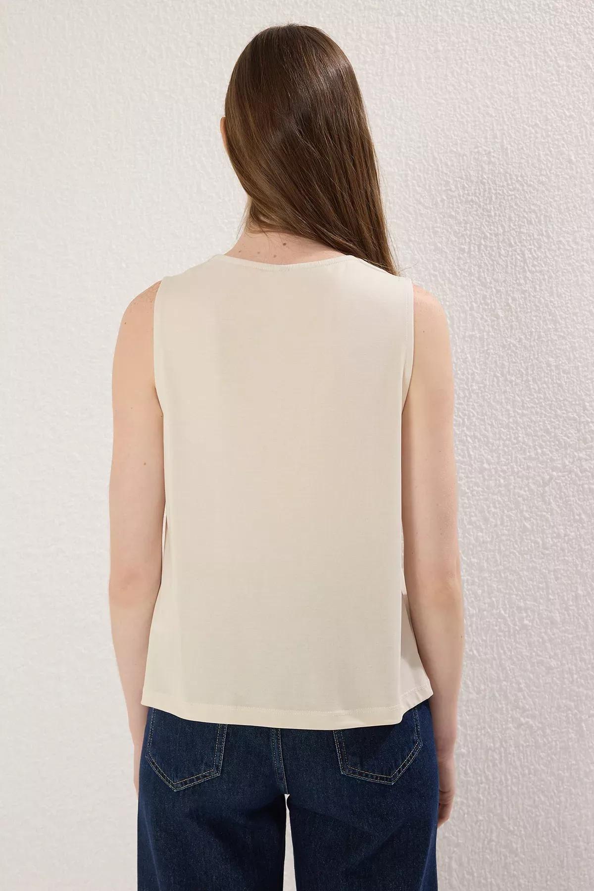 Beige Pleated Modal Knit Blouse, STONE, large image number 3