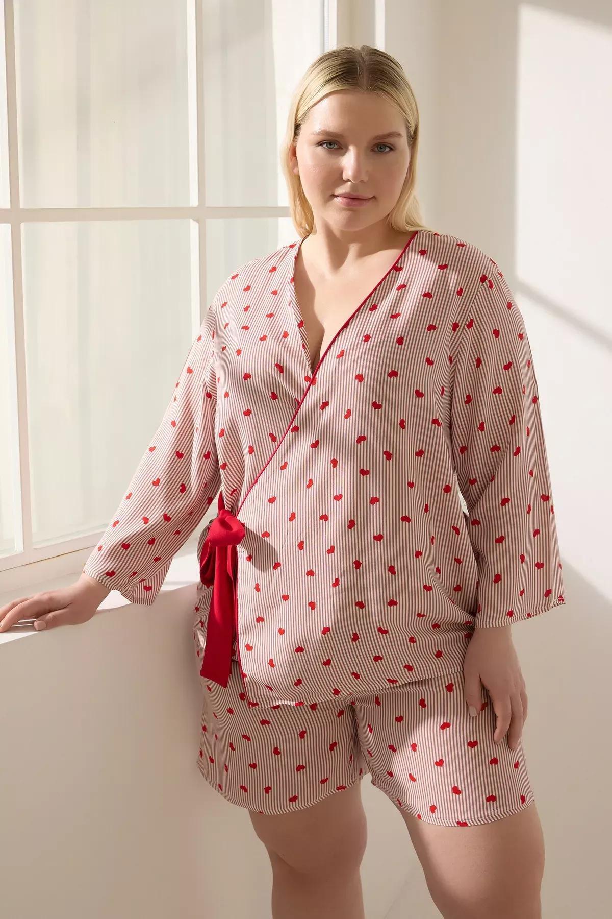Red Striped Patterned Pajama Set, Red, large image number 0