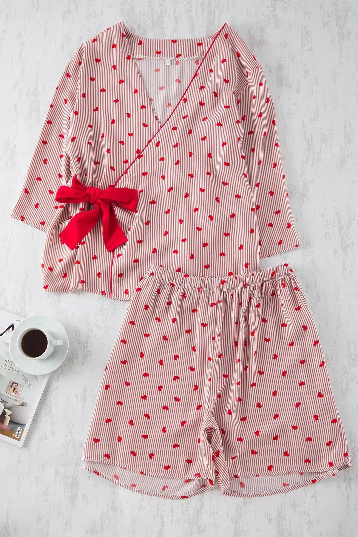 Red Striped Patterned Pajama Set, Red, large image number 1
