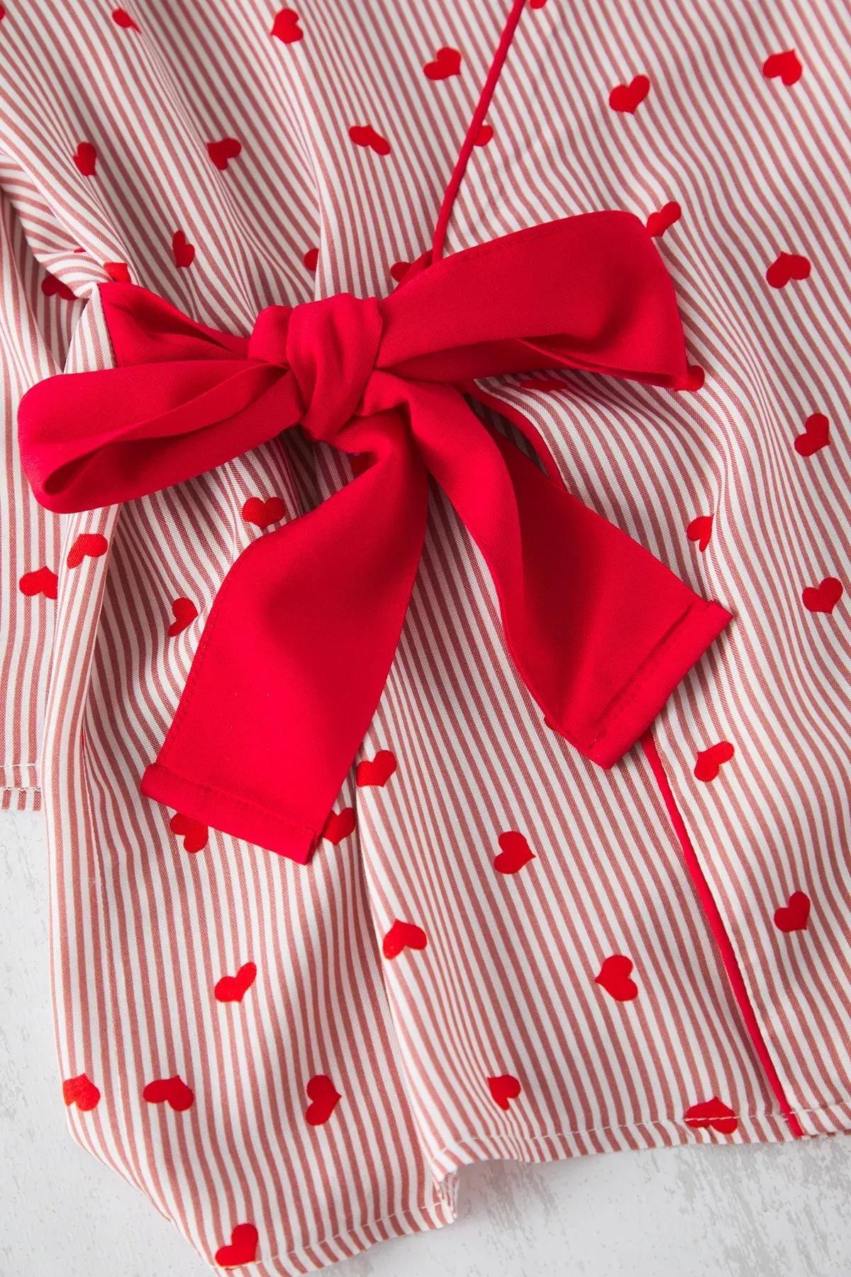 Red Striped Patterned Pajama Set, Red, large image number 2