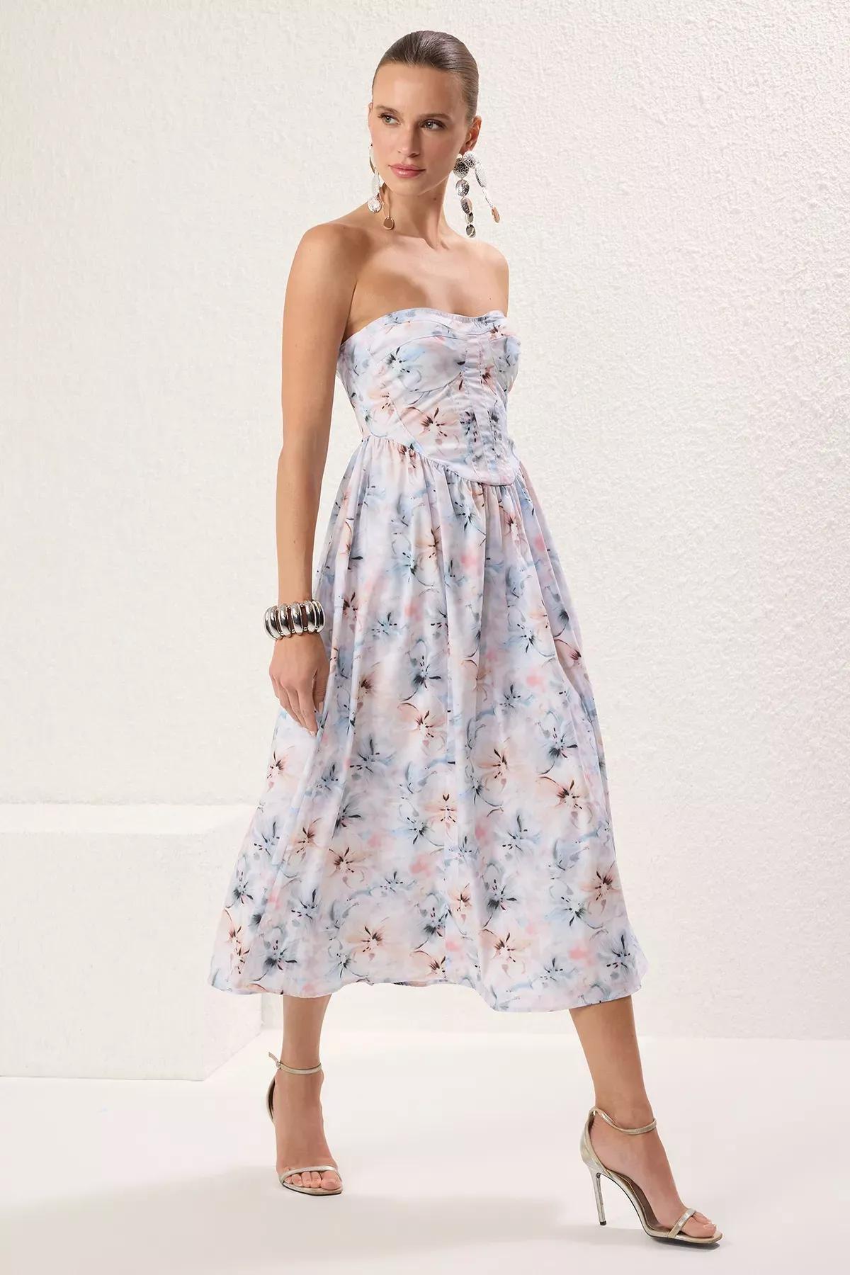 Floral Strapless Romantic Midi Dress, Very colorful, large image number 0