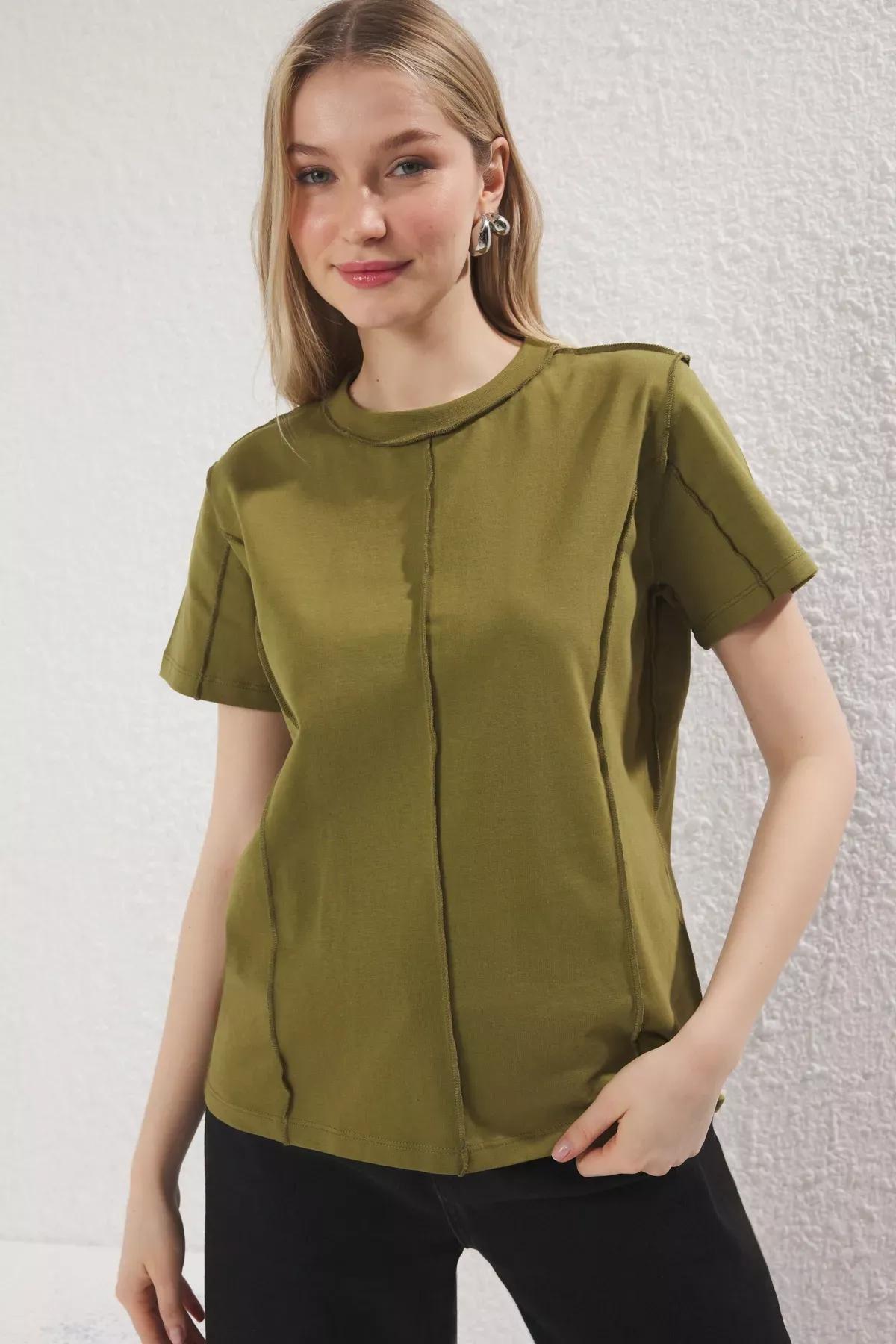 Green Stitch Detail T-Shirt, Khaki, large image number 0