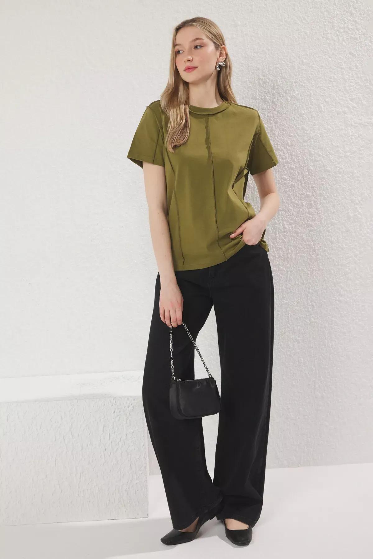 Green Stitch Detail T-Shirt, Khaki, large image number 1