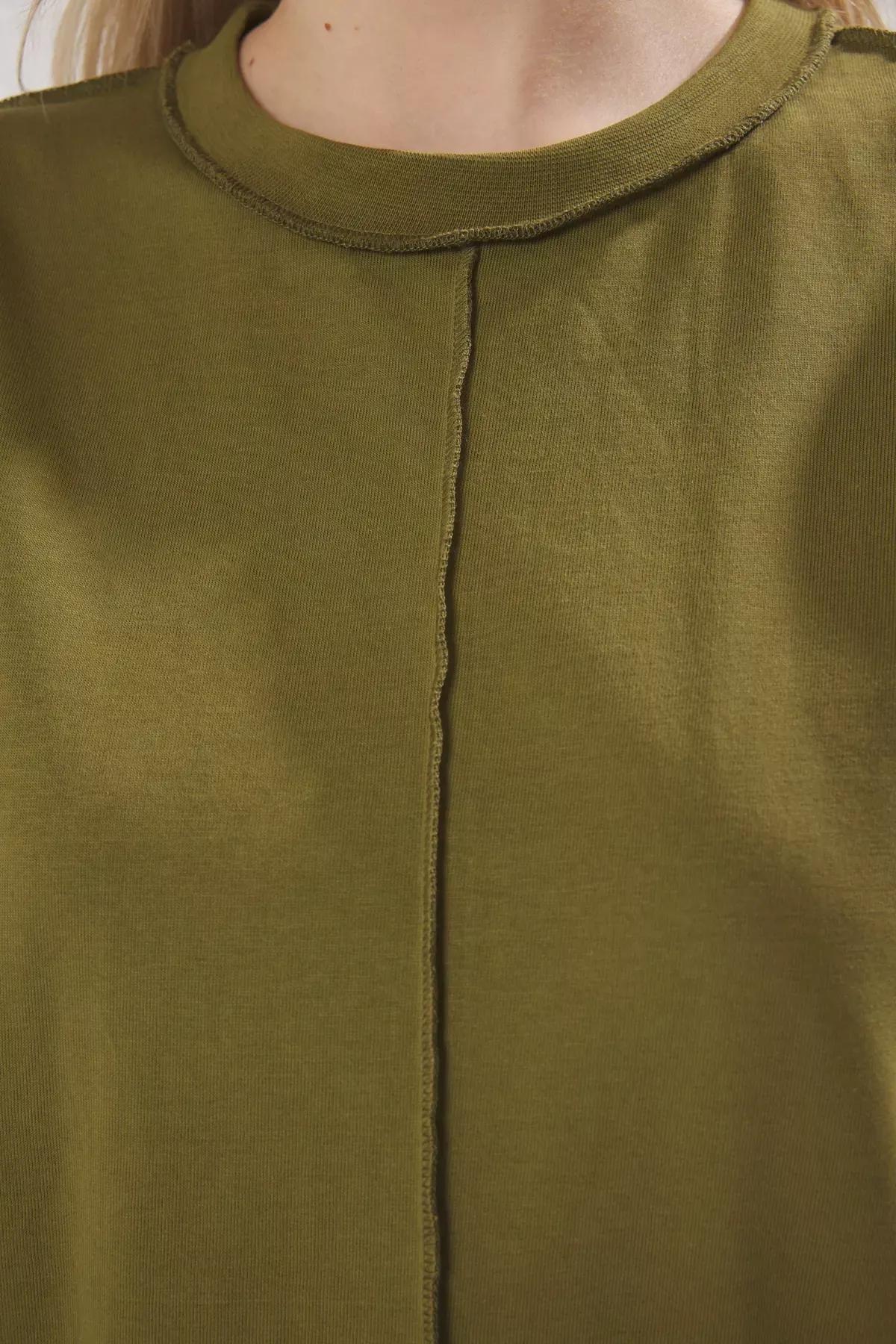 Green Stitch Detail T-Shirt, Khaki, large image number 2