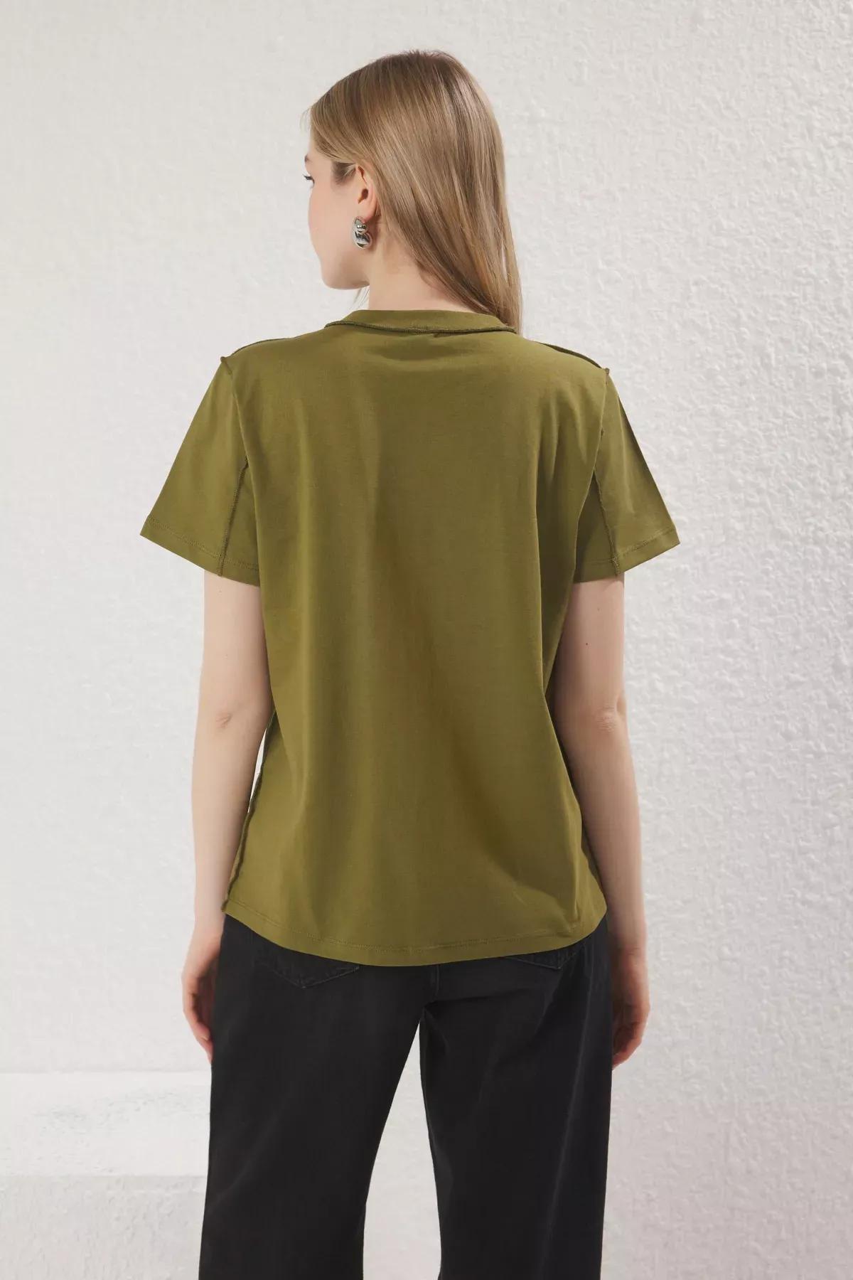 Green Stitch Detail T-Shirt, Khaki, large image number 3