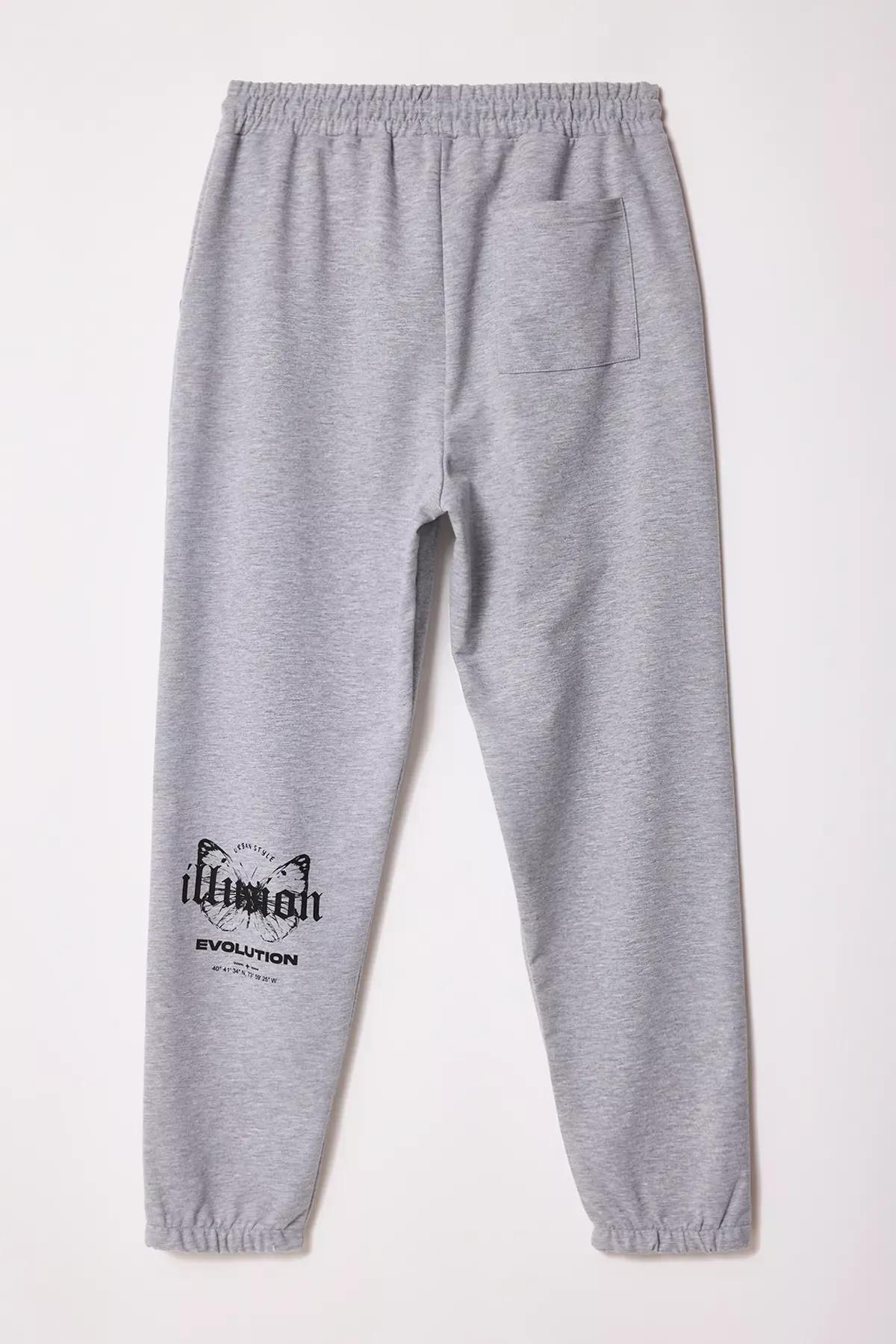 Grey Melange Elastic Leg Butterfly Sweatpants, , large image number 0