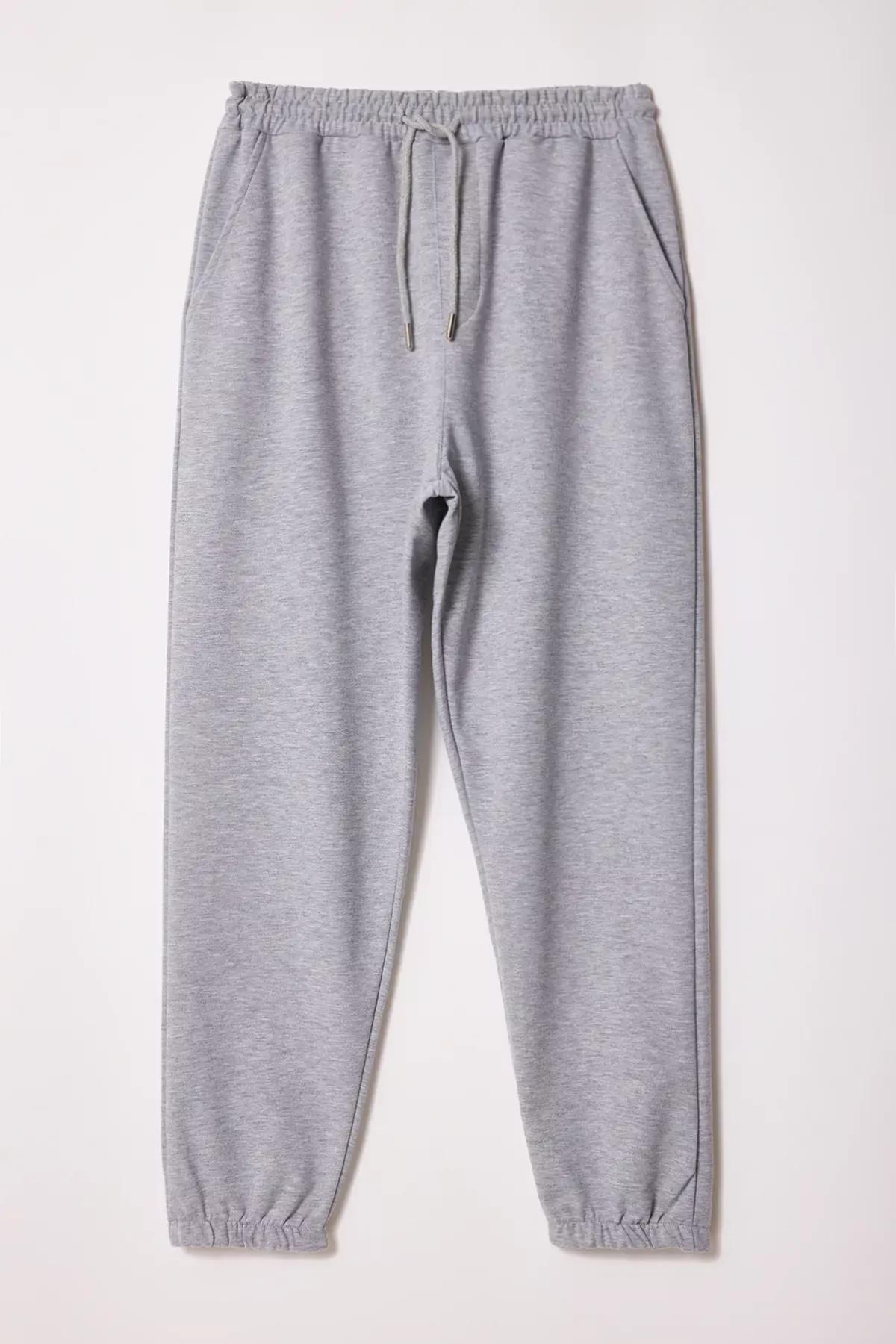 Grey Melange Elastic Leg Butterfly Sweatpants, , large image number 1