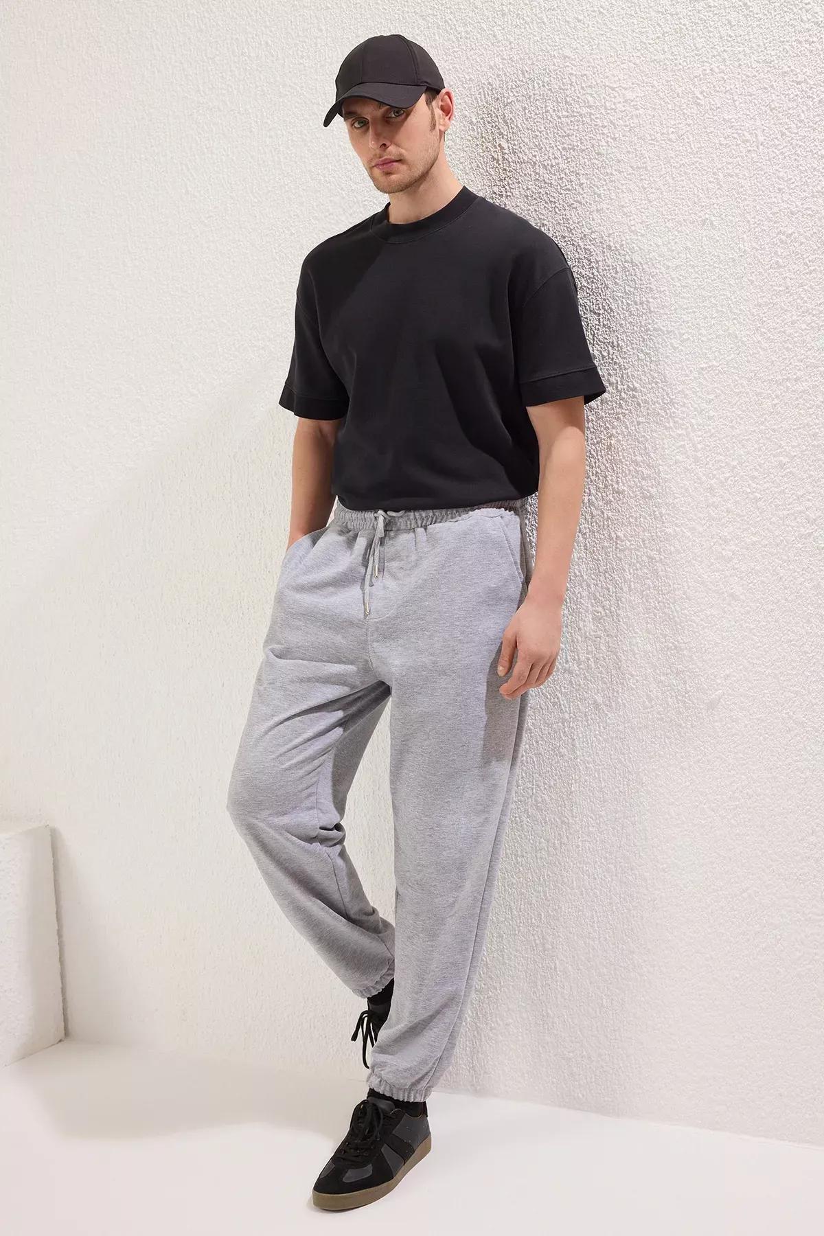 Grey Melange Elastic Leg Butterfly Sweatpants, GRAY MELANGE, large image number 3