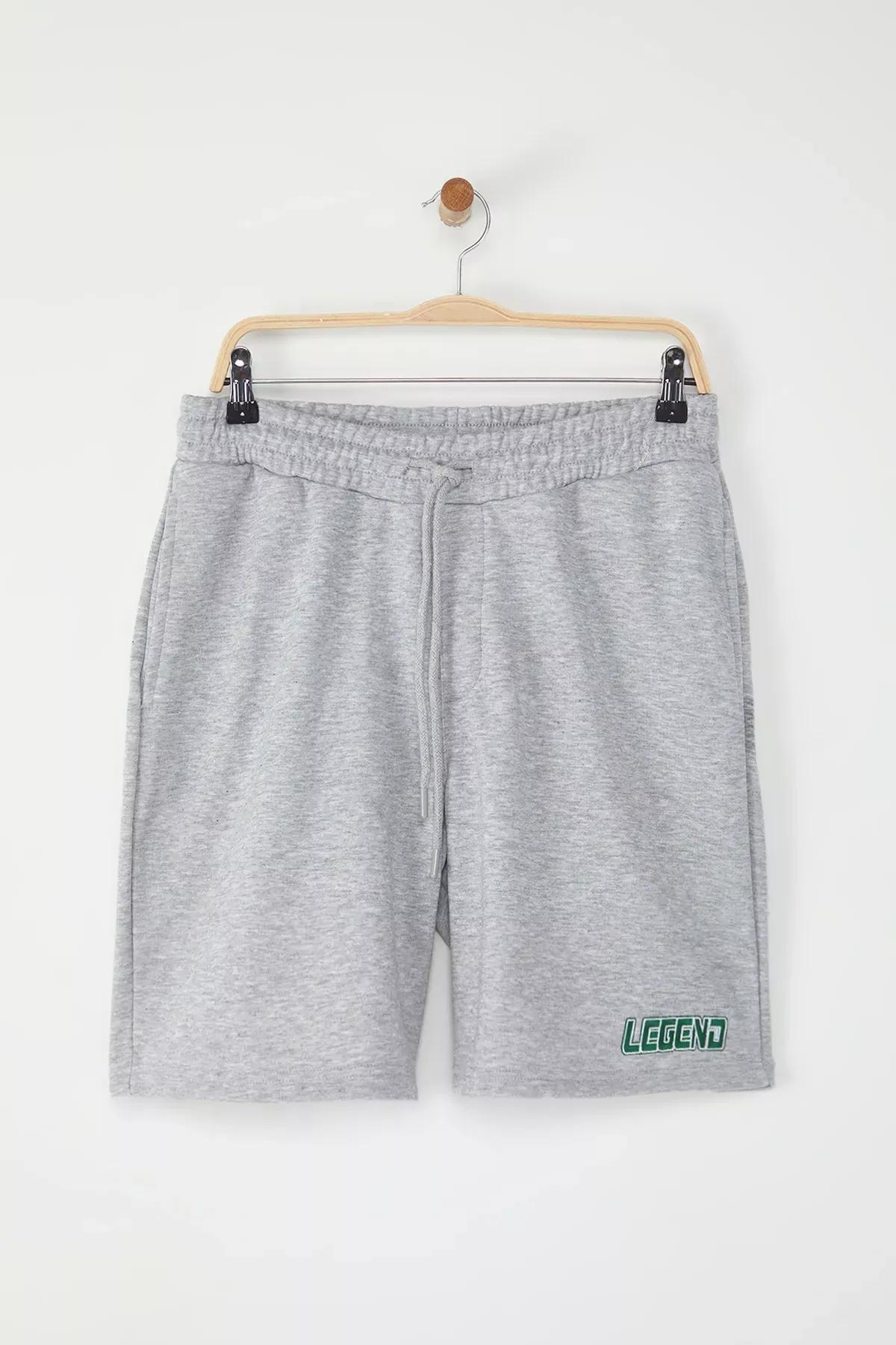 Grey Melange Embroidered Bermuda Shorts, GRAY MELANGE, medium