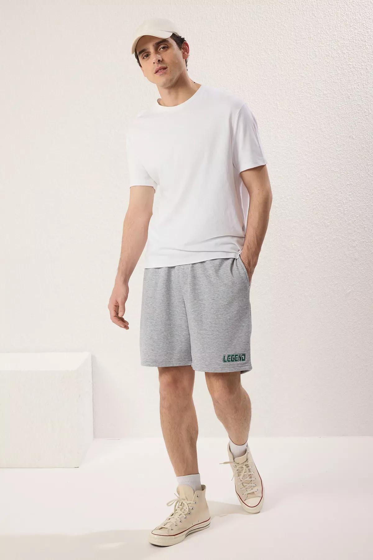 Grey Melange Embroidered Bermuda Shorts, GRAY MELANGE, large image number 2