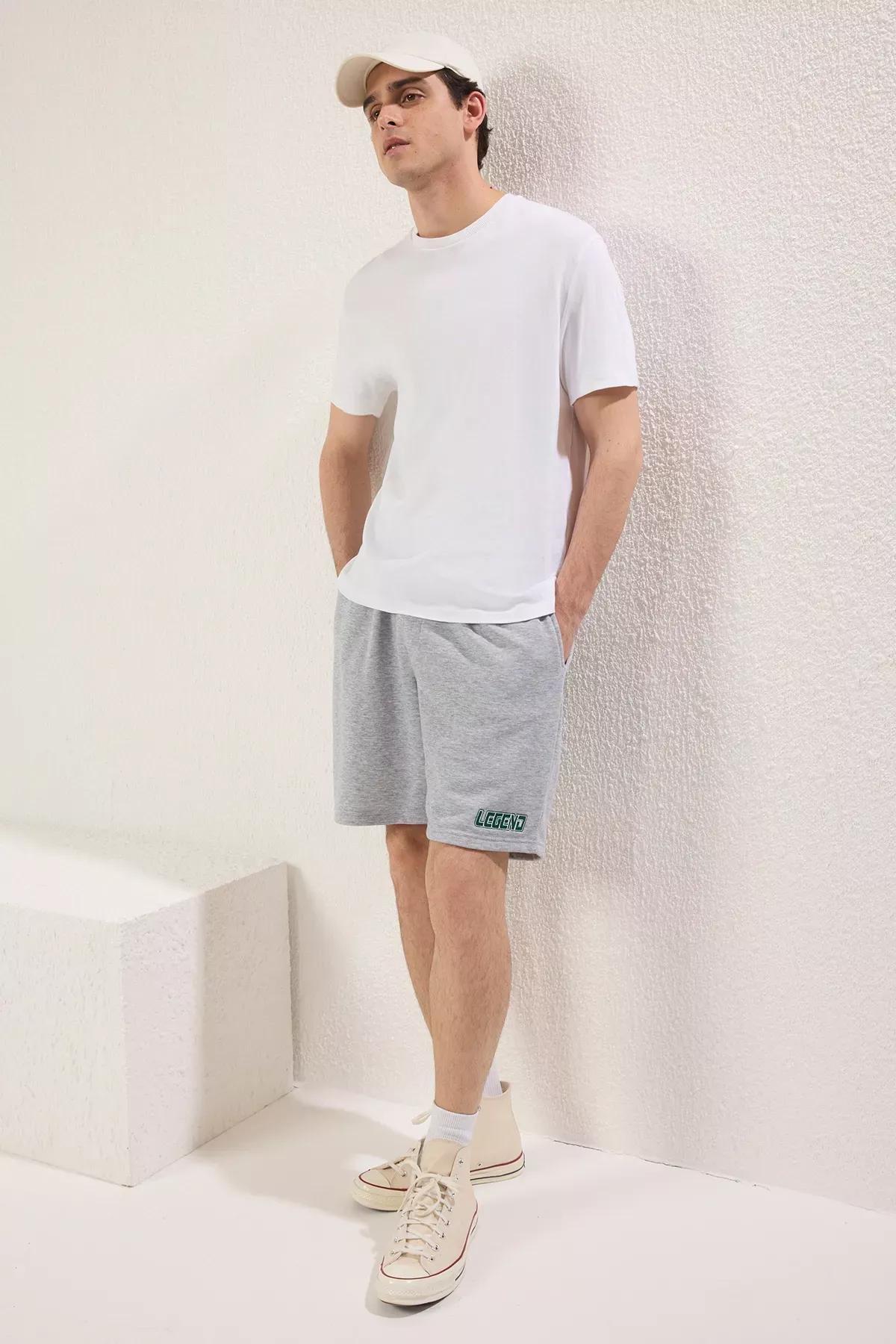 Grey Melange Embroidered Bermuda Shorts, GRAY MELANGE, large image number 4