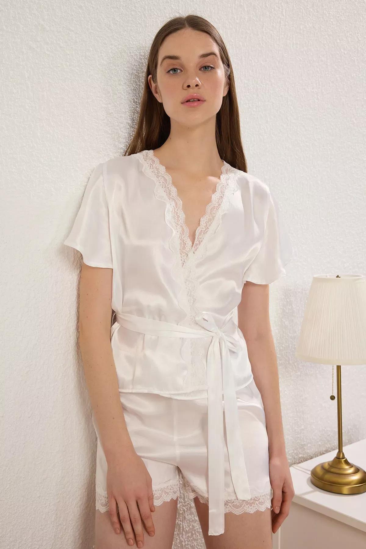 Beige Belted Pajama Set with Shorts, , large image number 1