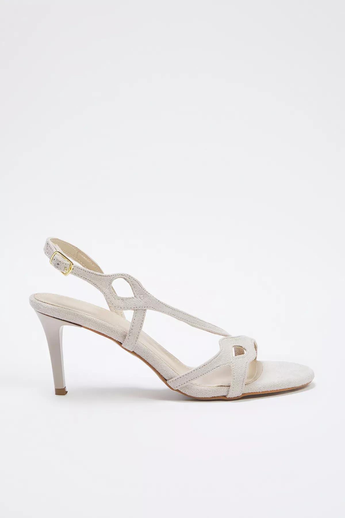 Beige Laser Cut Suede Heeled Sandals, , large image number 1
