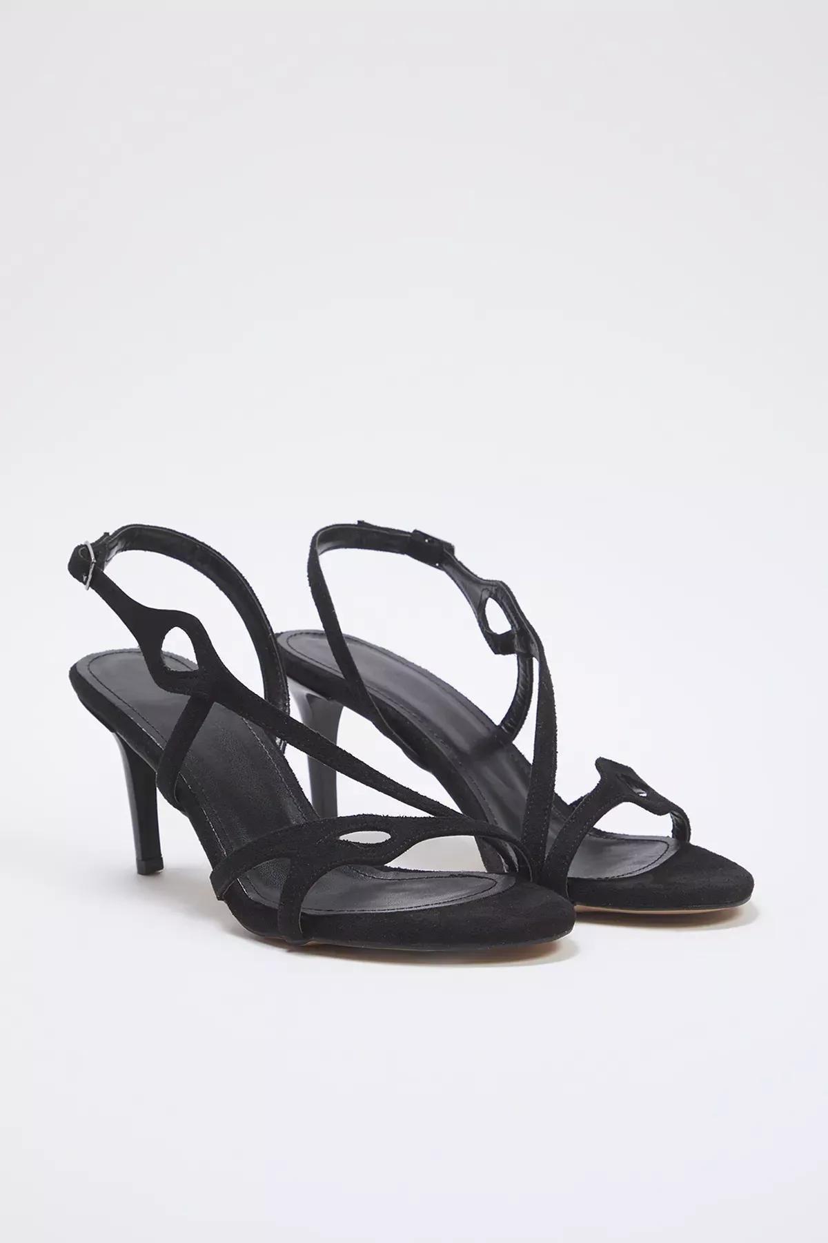 Black Laser Cut Suede Heeled Sandals, , large image number 2
