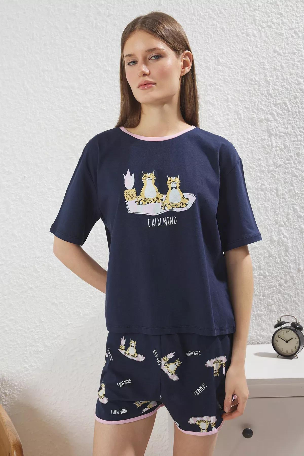 Navy Couple Cat Slogan Pajama Set, Navy blue, large image number 2