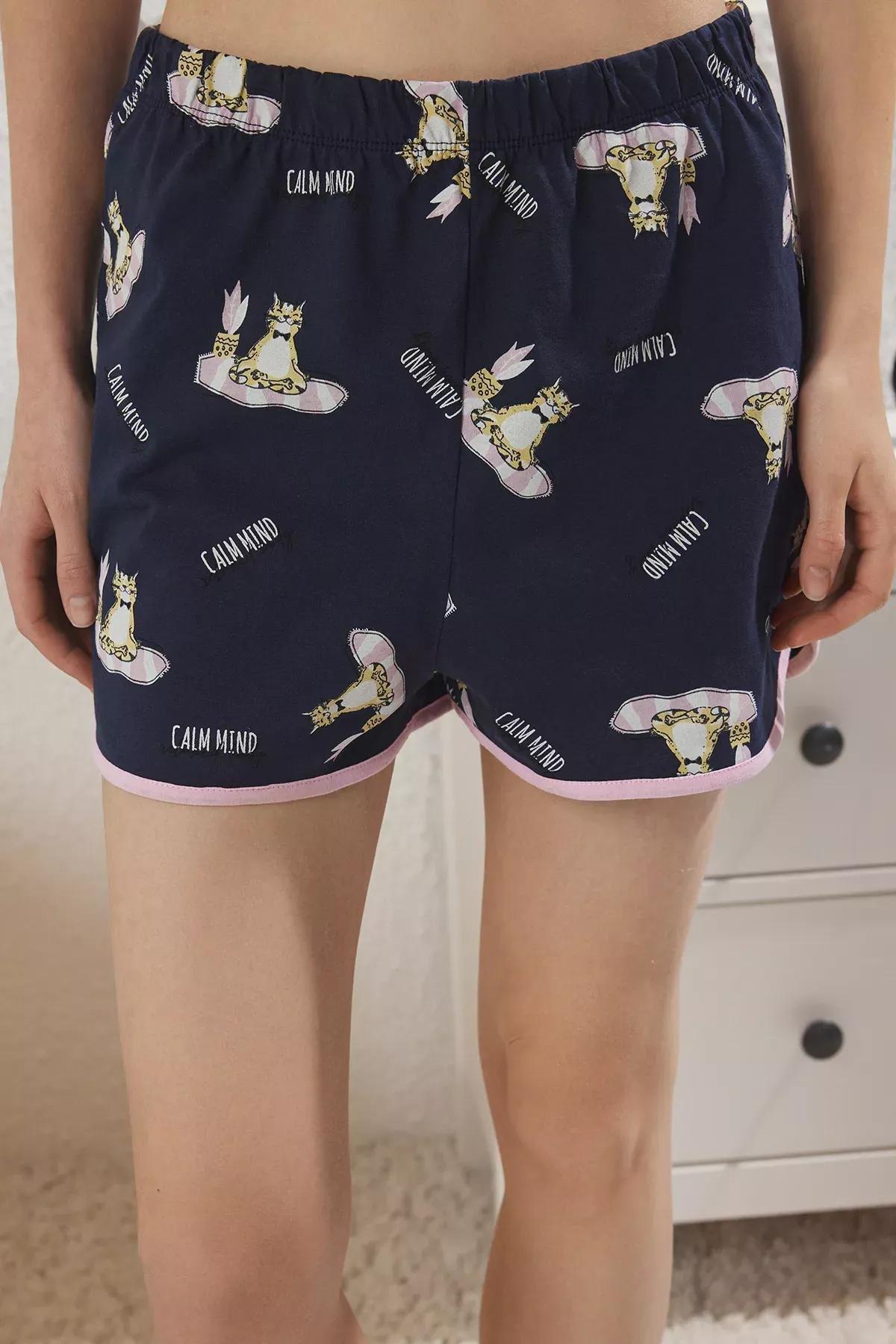 Navy Couple Cat Slogan Pajama Set, Navy blue, large image number 3