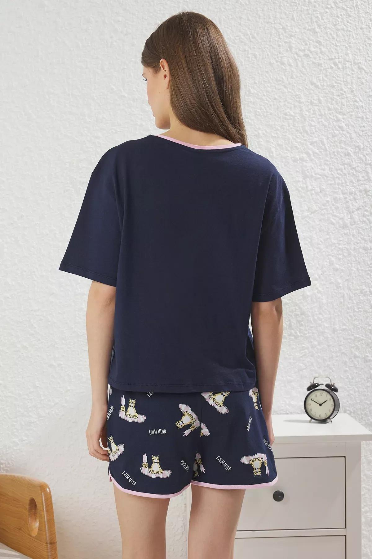 Navy Couple Cat Slogan Pajama Set, Navy blue, large image number 4