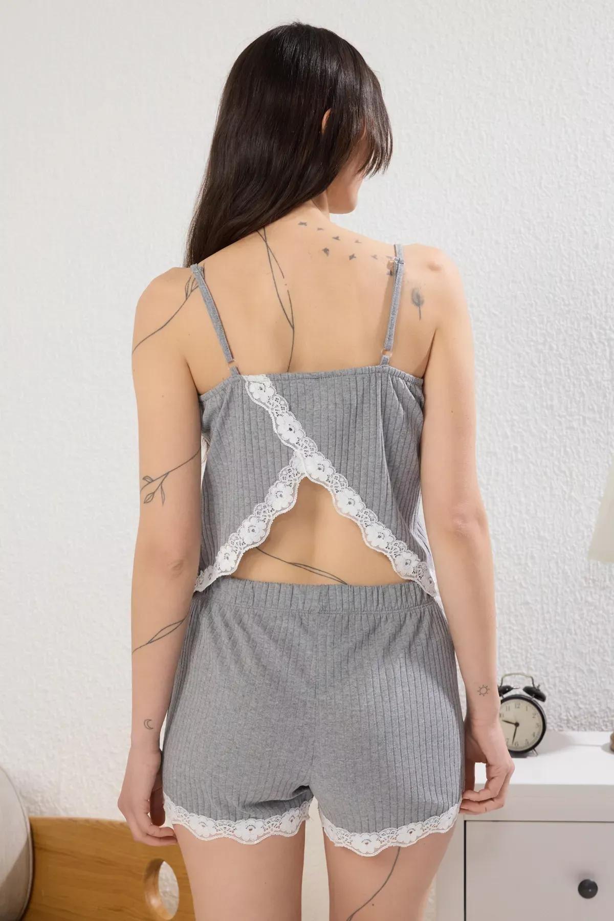 Grey Back Lace Detailed Ribbed Shorts Pajama Set, , large image number 1