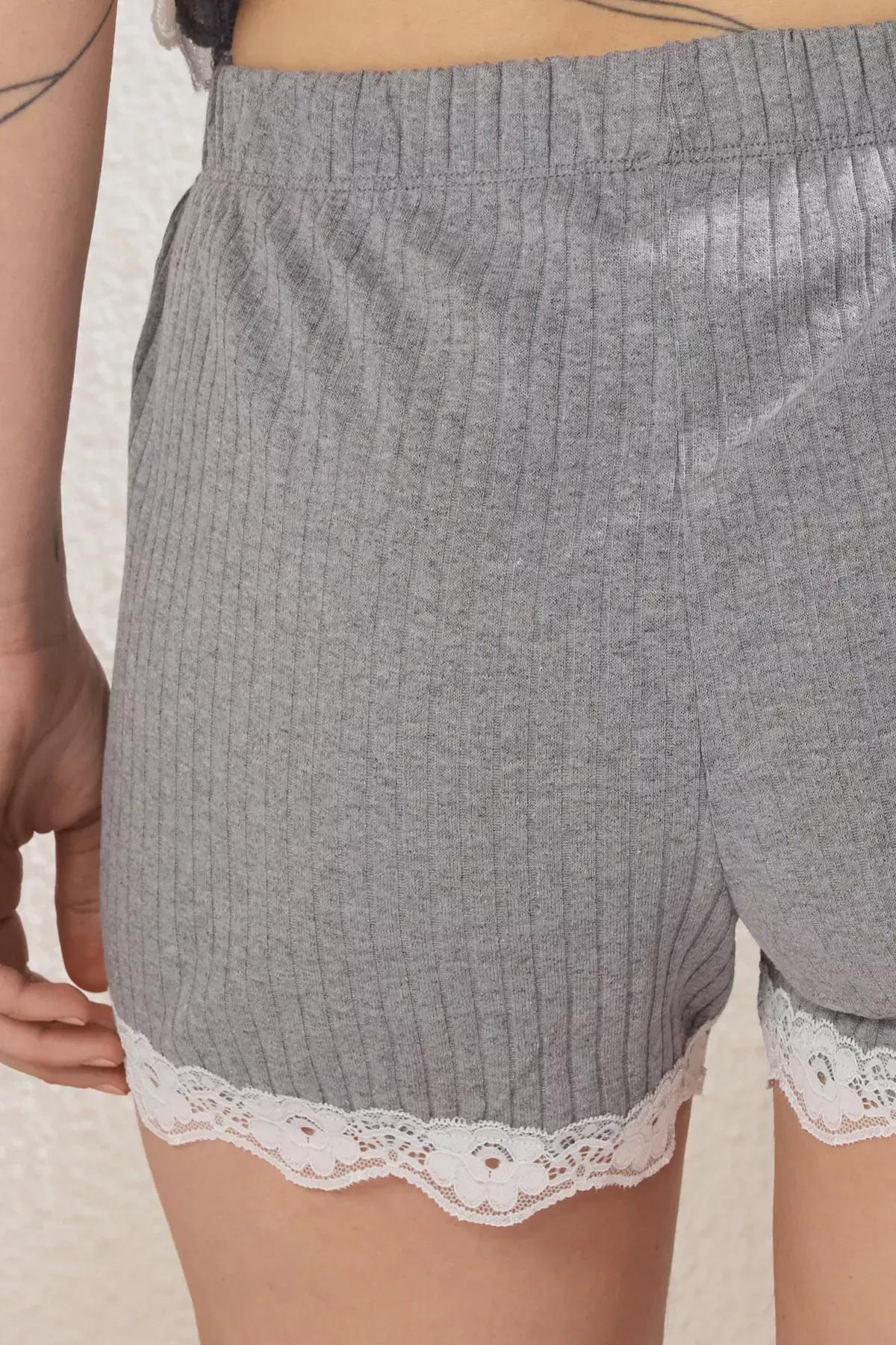 Grey Back Lace Detailed Ribbed Shorts Pajama Set, , large image number 3