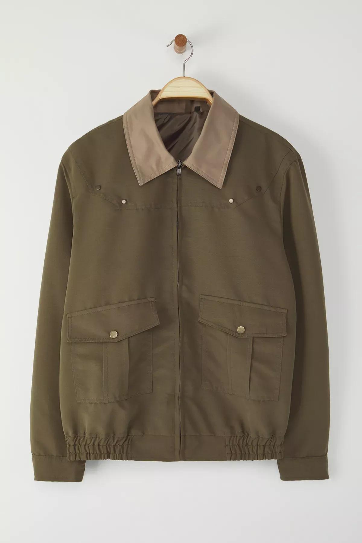 Green Regular Fit Collar Seasonal Jacket, Khaki, medium